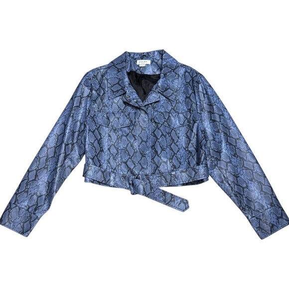 NOIZE Faux Vegan LEATHER Blue Snake Skin Cropped Bomber Glam Jacket Womens 2XL - Picture 1 of 8